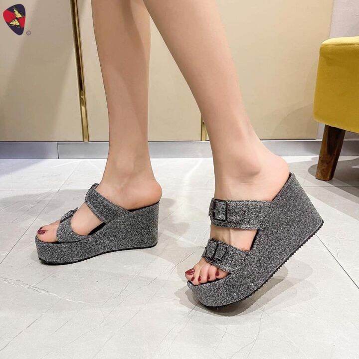 AB31 Glittery Buckle Strap Platform Wedge Sandals Lazada PH