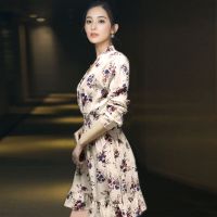 Korean Women V Collar Half Long Sleeve Floral Mini Dress korean top S—2XL