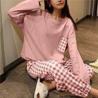 Plaid Pajamas Ladies Spring Autumn Long Sleeve Polyester Cotton Womens Autumn and Winter Large Size Casual Autumn Homewear Set