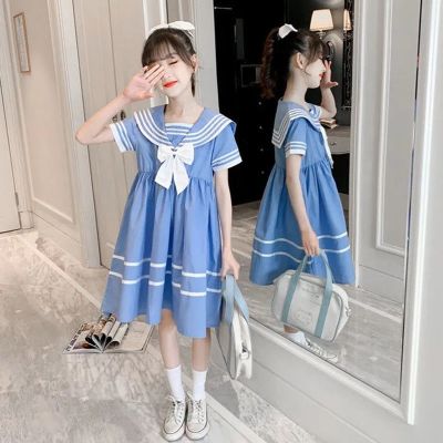 【Ready】🌈 Girls dress 2023 summer new Korean version of the foreign style navy collar skirt medium and large childrens wear princess