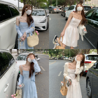 พร้อมส่ง ?? Saman dress &amp; cardigan เดรสสายเดี่ยวสีหวาน คาร์ดิแกนไหมพรม (แยกชิ้น) (IN37665)