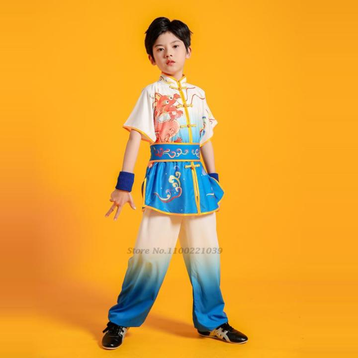 ชุดวูซูไทเก๊กเด็กจีน2023ชุดกังฟูเครื่องแบบกังฟูจีนลายพิมพ์มังกรเส้าหลิน