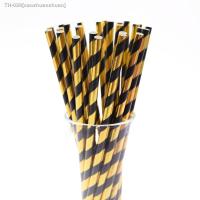 ✾☊❈ 25PCS Foil Striped Paper Straw Gold And Black Disposable Straw Birthday Wedding Decorative Party Event Drinking Straws