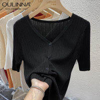 OULINNA เสื้อสเวตเตอร์คอวีขนาดเล็กและเสื้อยืดเบสิก,เสื้อสเวตเตอร์ผ้าไอซ์ซิลค์แขนเสื้อสั้นถักสำหรับเสื้อสเวตเตอร์ถักสตรีฤดูใบไม้ผลิ/ฤดูร้อน2023ใหม่