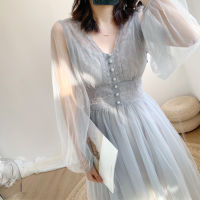 Fall  Brand New Women Dress V-neck Puff Sleeve Mesh Midi Dress Plus Size Fairy Tulle Lace Dress Elegant Long Dress Vestidos