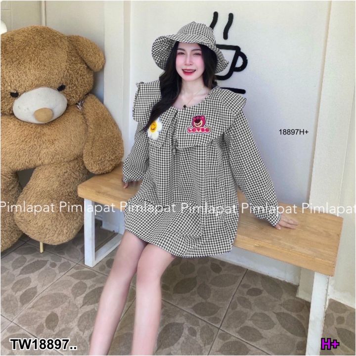 tw18897-minidress-ทรงโอเวอร์ไซร์มาพร้อมหมวก-แต่งดอกไม้-ลายสก็อต