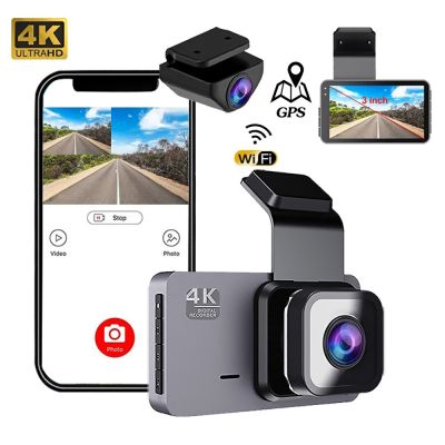 บนแผงหน้ารถ GPS แคมสำหรับ Wifi ดีวีอาร์รถ4K เครื่องบันทึกวิดีโอการขับขี่ Ultra HD 2160P กล้องติดรถมองกลางคืน1080P HD Kamera Spion กล่องดำรถยนต์