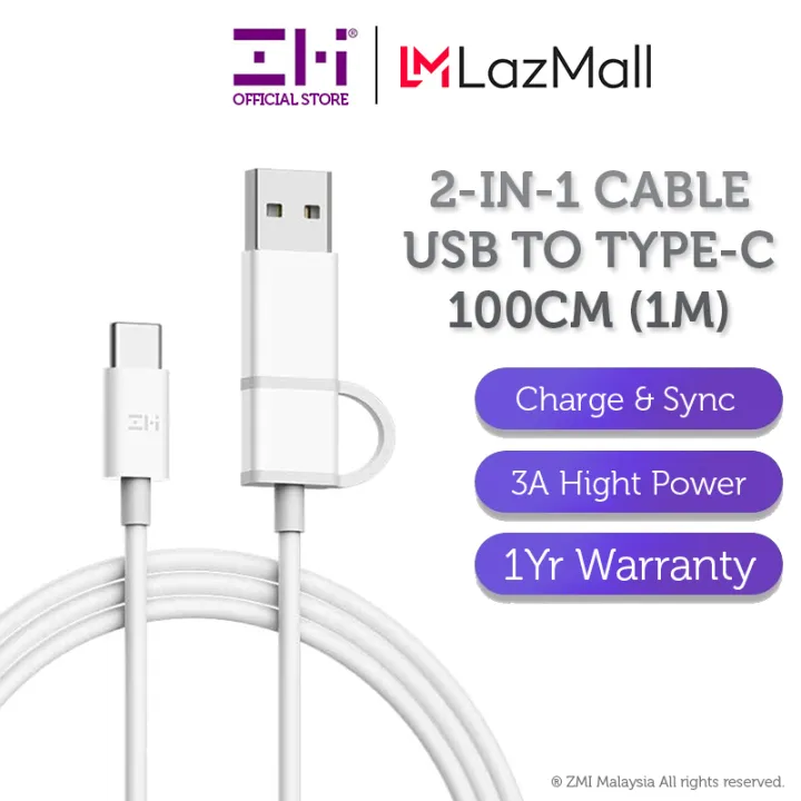 ZMI 2-in-1 USB-C Fast Charging Cable Type-C To Type-C To USB A Charger ...