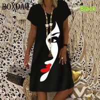 【YF】 Womens Short Sleeve V-Neck Painting Face Abstract Print Dress 2022 Summer New Loose Oversized Mini Dresses Ladies Fashion