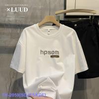 Top LUUD Fashion Trendy Cool Letter Embroidery Drop Shoulder Sleeve T-Shirt Mens Summer Casual All-Match Micro Wide Round Neck Short-Sleeved Shirt YY ♠