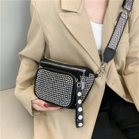 Fashion Sling Waist Pack PU Leather Women Crossbody Bags Rhinestone Diamond Crossbody Handbag Zipper Wide Strap Saddle Purse