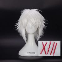 Tokyo Ghoul Juzo Suzuya Juuzou Cosplay Wigs Short Pure White Heat Resistant Synthetic Hair Wig + Wig Cap + 5 Red Hairpins