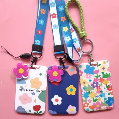 Lovely Small Flower Kpop Photocard Holder With Lanyard Strap Stationery Card Holder Student Name Cards Protector Postcards Cover