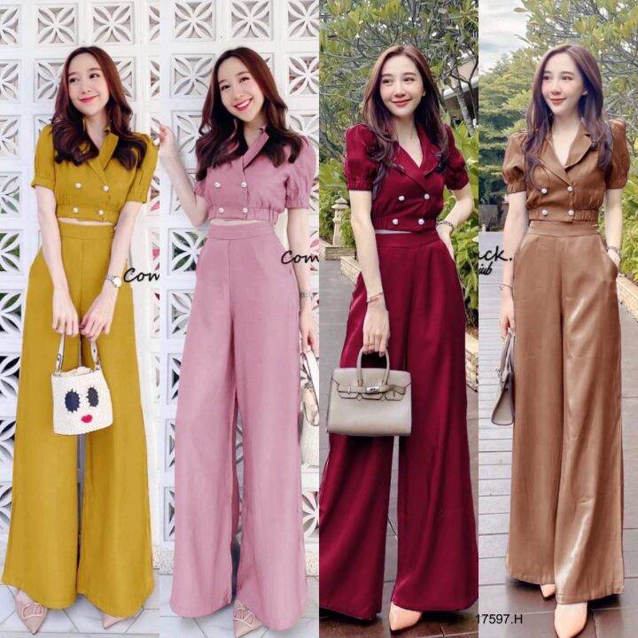 tw17597-set-2-ชิ้น-เสื้อครอปปกแขนพองติดกระดุม-กางเกงขายาว