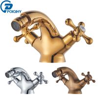 ○ POIQIHY Golden Bidet Faucet Dual Handles Water Bathroom Sink Brass Single Hole Deck Mounted Water Mixer Tap Toilet Water Tap