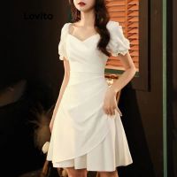 Lovito Women Casual Plain Halter Short Puff Sleeves Flared Midi Dress LNE02206 (White)