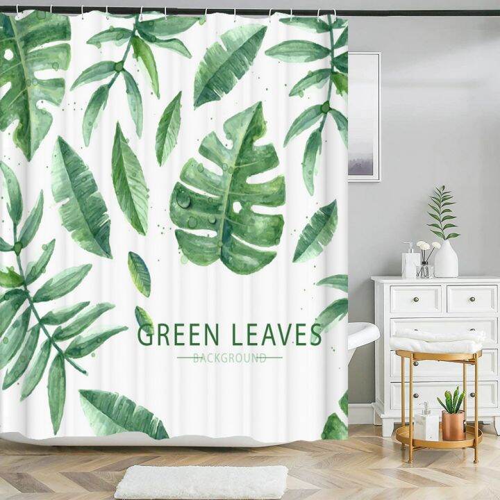 cw-leaves-fabric-shower-curtain-monstera-leaf-curtains-for-with-hooks