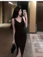 ZZOOI 2022 New Light Ripe Style Cocktail Party Evening Dress Womens Fashion Sexy V-neck Mid-length Slits Slim Bag Hip Suspender Dress