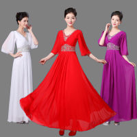 【cw】 New Wholesale Evening Dress Slim-Fit Long Host Chorus Clothing Female Dress Guzheng Performance Clothing Chiffon