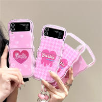 เคสนิ่มลายคลื่นสำหรับ Samsung Galaxy Z Flip5 Flip3 Flip4 TPU ฝาครอบป้องกันตุ๊กตาบาร์บี้สีชมพูพร้อมโซ่