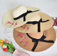หมวกสานปีกกว้าง แต่งคาดดำลายนกฟามิงโก้ หมวกกันแดดหญิง สินค้าพร้อมส่ง C044