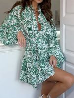 HOT★Pearl Single Breasted Mini Pleated Dress Women Long Lantern Sleeve Belts Stand Collar Holiday Dresses High Waist Printed Robe