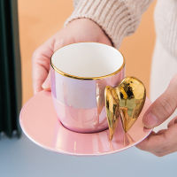 Gold Angel Wing Mug With Dish Pearl White Pink Blue Ceramic Coffee Tea Cup Saucer Nordic Tableware Unique Wedding Birthday Gifts