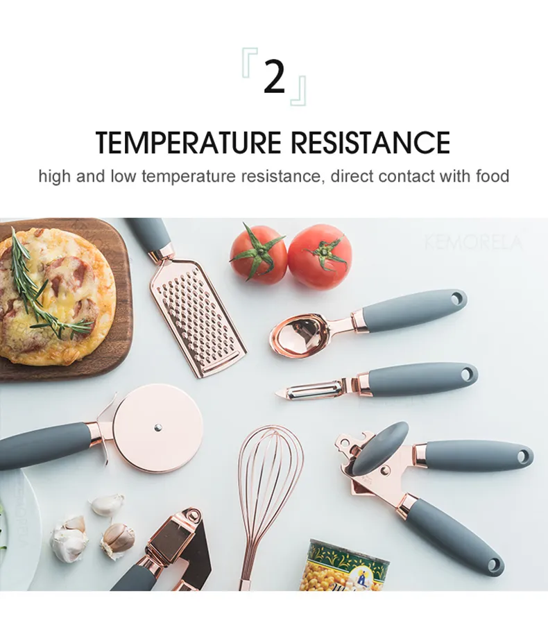 7PC Rose Gold Kitchen Gadget Set Can Opener Potato Cooking High-End Garlic  Press Pizza Cutter