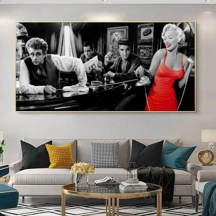 retro-legend-star-art-โปสเตอร์และพิมพ์-monroe-elvis-james-เล่นบิลเลียดสีดำและสีขาว-wall-decor-ภาพวาดผ้าใบสำหรับห้อง