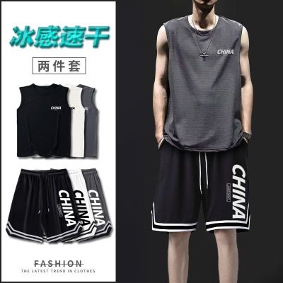 【Ready】🌈 New sports suit mens summer ice silk quick-dryg v mens seless fitness runng casl two-piece suit