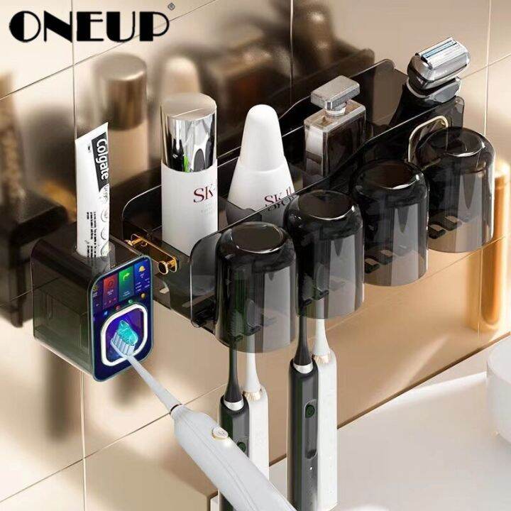 oneup-ที่ใส่แปรงสีฟันติดผนังกันฝุ่นยาสีฟันอัตโนมัติขวดบีบจ่ายชั้นวางอุปกรณ์ห้องน้ำเก็บเครื่องสำอาง