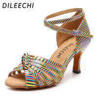 DILEECHI รองเท้าเต้นรำแบบละติน Multicolor แบบสีเหลือง PU พรรครองเท้าเต้นรำรองเท้าแตะของผู้หญิงรองเท้าเต้นรำบอลรูมส้น75มิลลิเมตร