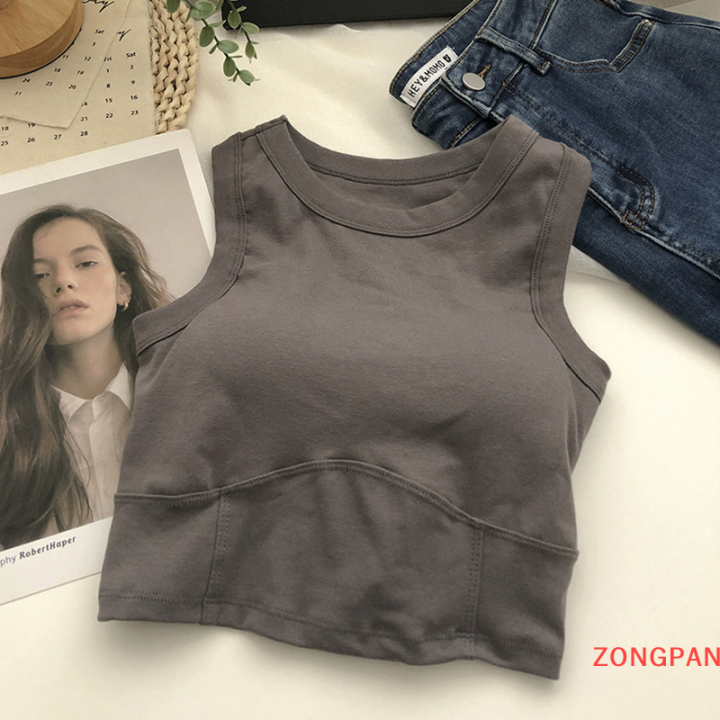 zongpan-เสื้อกล้ามสั้นเว้าหลังสีทึบมีแผ่นปิดหน้าอกสวยงามเข้ารูปพอดีชุดชั้นในแบบไม่มีแขนครอปที่หน้าอกสำหรับฤดูร้อน