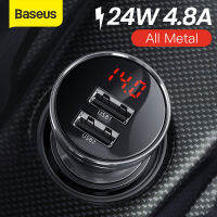 Baseus 24W Dual USB โลหะ4.8A Car Charger จอแสดงผล LED Fast Charging Car Charger สำหรับ Iphone 14 13 Pro Max Samsung HuaWei Vivo Redmi Poco