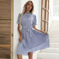 2021Elegant Summer Midi Pleated Dress for Women Vintage Short Sleeve Polka Dots Light Blue Robe Party Vacation Clothes Streetwear