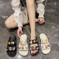 【CC】㍿ↂ◄  Slides Flax Slippers Striped Cartoon Flip Flops Platform Sandals Ladies Outdoor Shoes