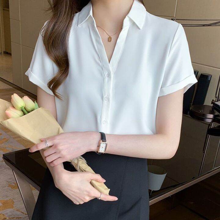 v-neck-white-chiffon-top-professional-female-a-short-sleeved-shirt-overalls-summer-dress-commuter-shimmy-temperament