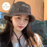 PING STUDIOS bucket hat หมวกบักเก็ต หมวกคาวบอยตะวันตกตั้งแคมป์หมวกชาวประมงเชือกรูดหมวกปีกรอบสำหรับผู้หญิงปักตัวอักษรญี่ปุ่น