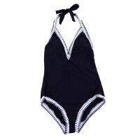 Women One Piece Deep Plunge Contrast Edged Getaway Halter Monokini Swimsuits