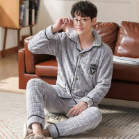 Plus Size 3XL Grey Nightwear Long Sleeve Winter Thicken Warm Flannel Pajamas Sets Soft Sleepwear Long Pant Male Men Pajamas Sets