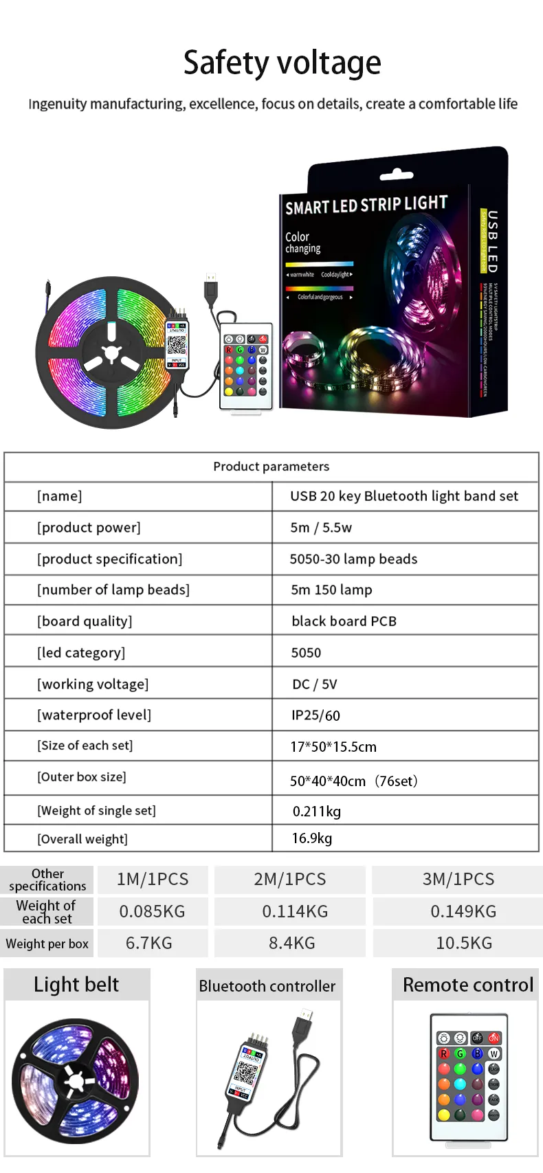 App Control Led Light Strip Decoration Light Strip Self Adhesive Suitable For Tv Background Wall Bedroom Garden Car Dustproof And Waterproof Can Be Installed In Sections Total Length 5 Meters Comes With Remote