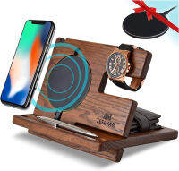 TESLYAR Wood Phone Docking Station Ash Key Holder Wallet Stand Watch Organizer Men Gift Husband Wireless Charging Pad Slim Birthday Nightstand Purse Tablet Compatible with All Qi Devices