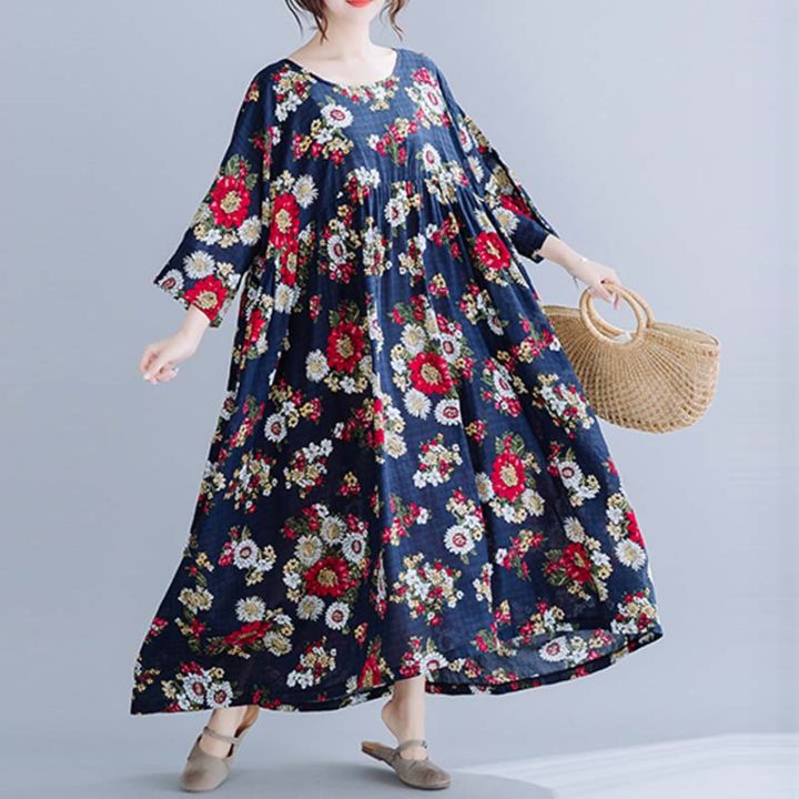 2021Oversized Dresses for Women Robe Vintage Floral Print Maxi Dress Big Cotton Loose Casual Summer New Fashion Long Dress 2021