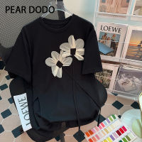 PEAR DODO เสื้อยืดพิมพ์ลายลายดอกไม้แขนแขนสั้นคอกลมสไตล์เกาหลีสำหรับผู้หญิง