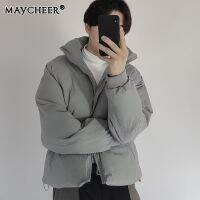 MAYCHEER เสื้อผ้าผ้าฝ้ายหนาอุ่นแนวแอธเลชเชอร์ของผู้ชายแจ็คเก็ตผ้าฝ้ายปกตั้งสีทึบ