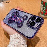 HOt2023Newe Bear Glitter Gradient Quicksand Case สำหรับ 14 13 12 11 Pro Max 14 Plus การ์ตูนกระต่ายกล้องฟิล์มชุบ Bling Cover