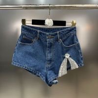 PREPOMP 2023 Summer New Arrival High Waist Rhinestone Bow Blue Slim Denim Shorts Streetwear Women Short Jeans GH955