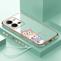 (คลังสินค้าพร้อม) เคสเคสมือถือสำหรับ Vivo V25 5G พร้อมฟรีสายคล้อง + การ์ตูนสุนัขชุบขอบสี่เหลี่ยมฝาหลังนิ่ม