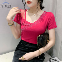 YIMEI เสื้อยืดแขนสั้นประดับเพชรสุดฮอตสำหรับผู้หญิงเสื้อตาข่ายคอกลมแฟชั่นใหม่สำหรับฤดูร้อนเสื้อแบบมีระบายผู้หญิง