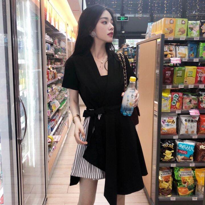 ชุดเดรสสั้นเหนือเข่า-summer-womens-mini-dress-korean-black-dress-irregular-retro-high-waist-short-dress